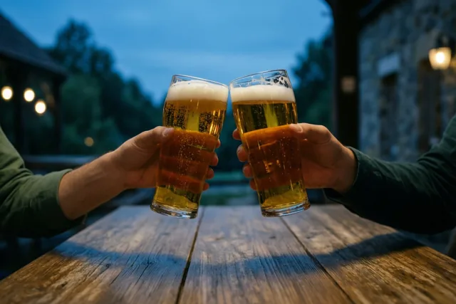 Twee handen heffen glazen schuimend bier boven een rustieke houten tafel, buiten in de schemering met een blauwe lucht en warme verlichting op de achtergrond.