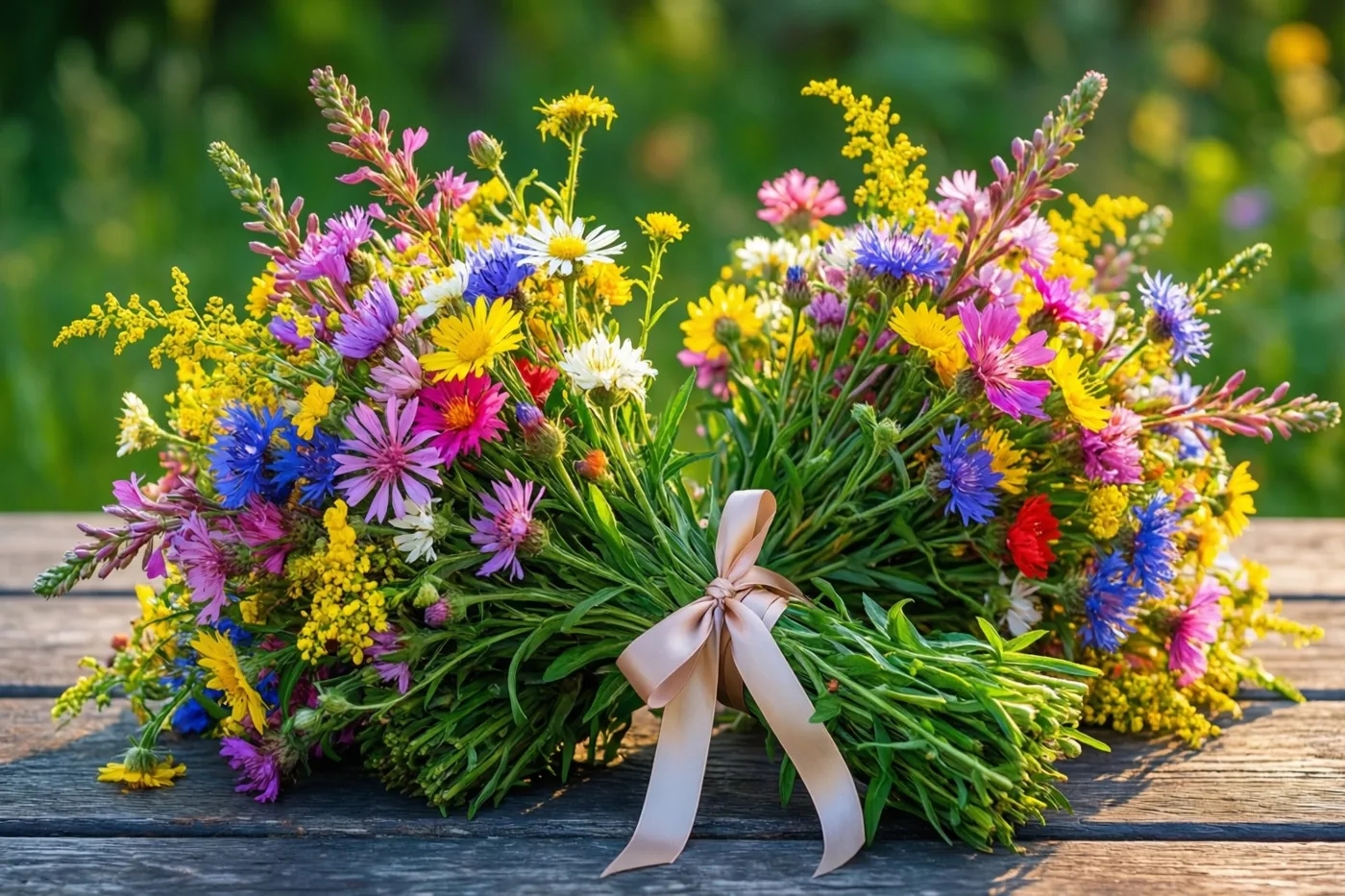 Twee kleurrijke bosjes veldbloemen zijn met één beige lint samengebonden op een verweerde houten picknicktafel tegen een zacht onscherpe groene buitenachtergrond.