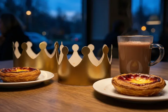 Drie goudkleurige papieren kronen staan op een houten tafel naast twee borden koningentaart en een mok dampende chocolademelk, met een onscherp raamzicht in de schemering.
