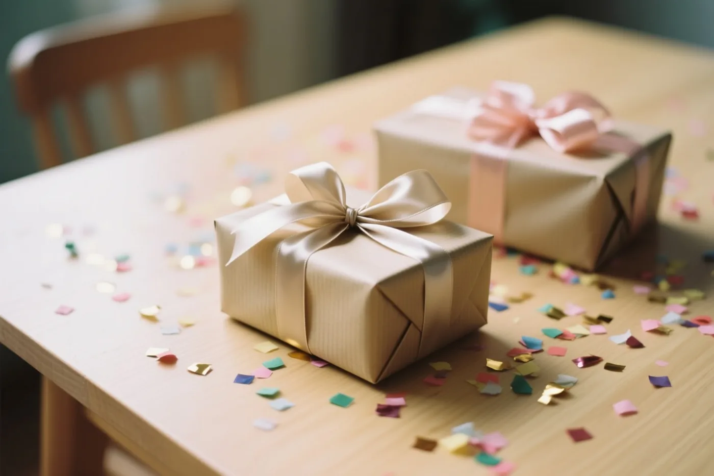 Twee ingepakte cadeaus met satijnen linten staan op een licht houten tafel met kleurrijke confetti.