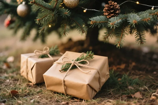 Twee cadeaus in bruin kraftpapier met touw en dennentakjes liggen op gras onder een versierde kerstboom, tussen groene dennennaalden en bruine dennenappels in goudkleurig licht.