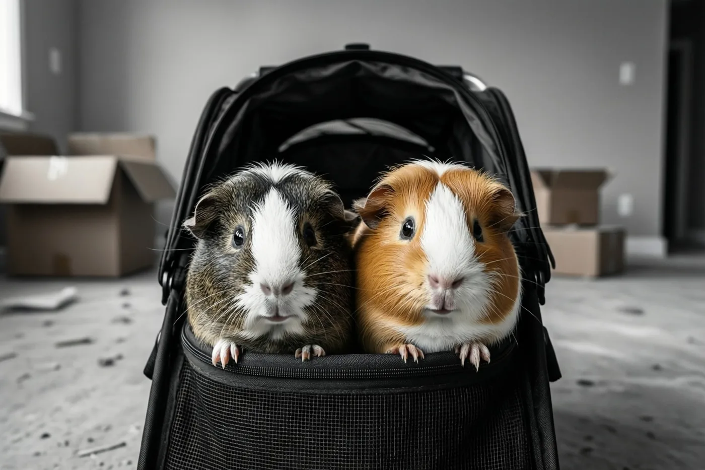Twee cavia’s zitten in een zwarte reismand op de vloer van een lege kamer met kartonnen dozen op de achtergrond, in zwarte, witte en bruine tinten.