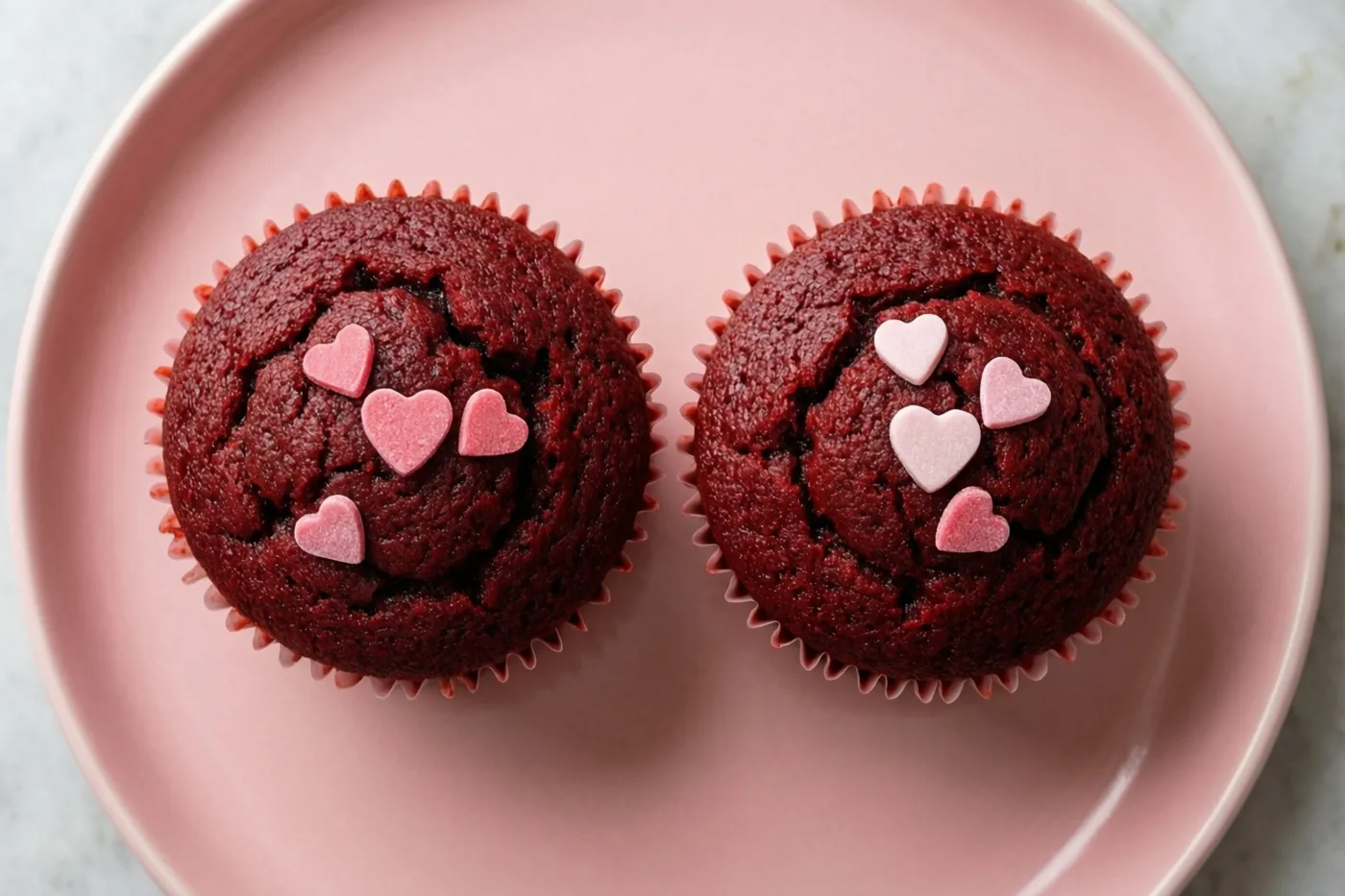 Twee redvelvetcupcakes met kleine roze en witte suikerhartjes staan naast elkaar op een roze porseleinen bord tegen een lichte, neutrale achtergrond.