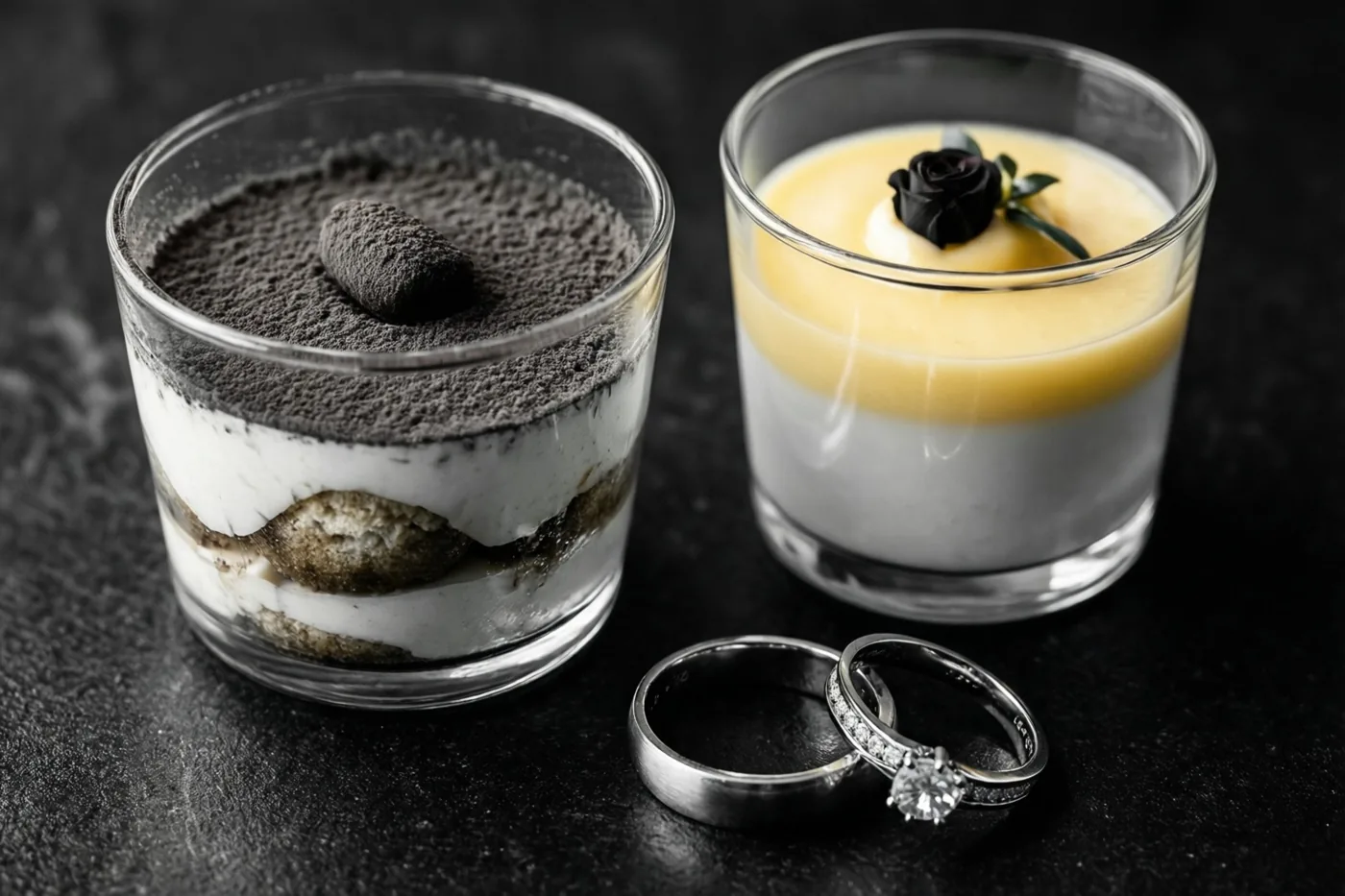 Een glaasje tiramisu en een glaasje panna cotta staan op een donkere ondergrond naast twee trouwringen.