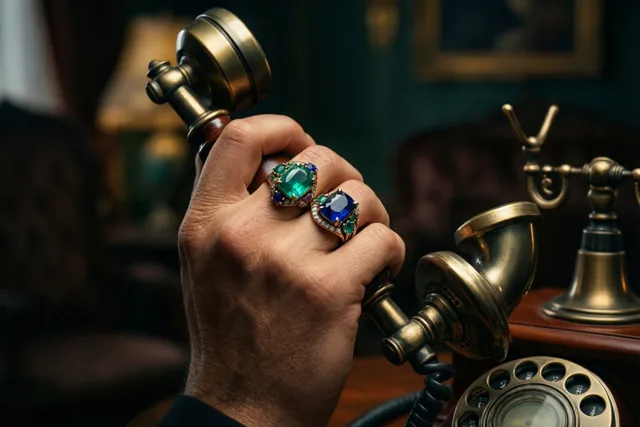Een hand met twee grote edelsteenringen houdt de hoorn van een antieke draaischijftelefoon vast in een schemerige vintagekamer met houten meubels en warm licht.