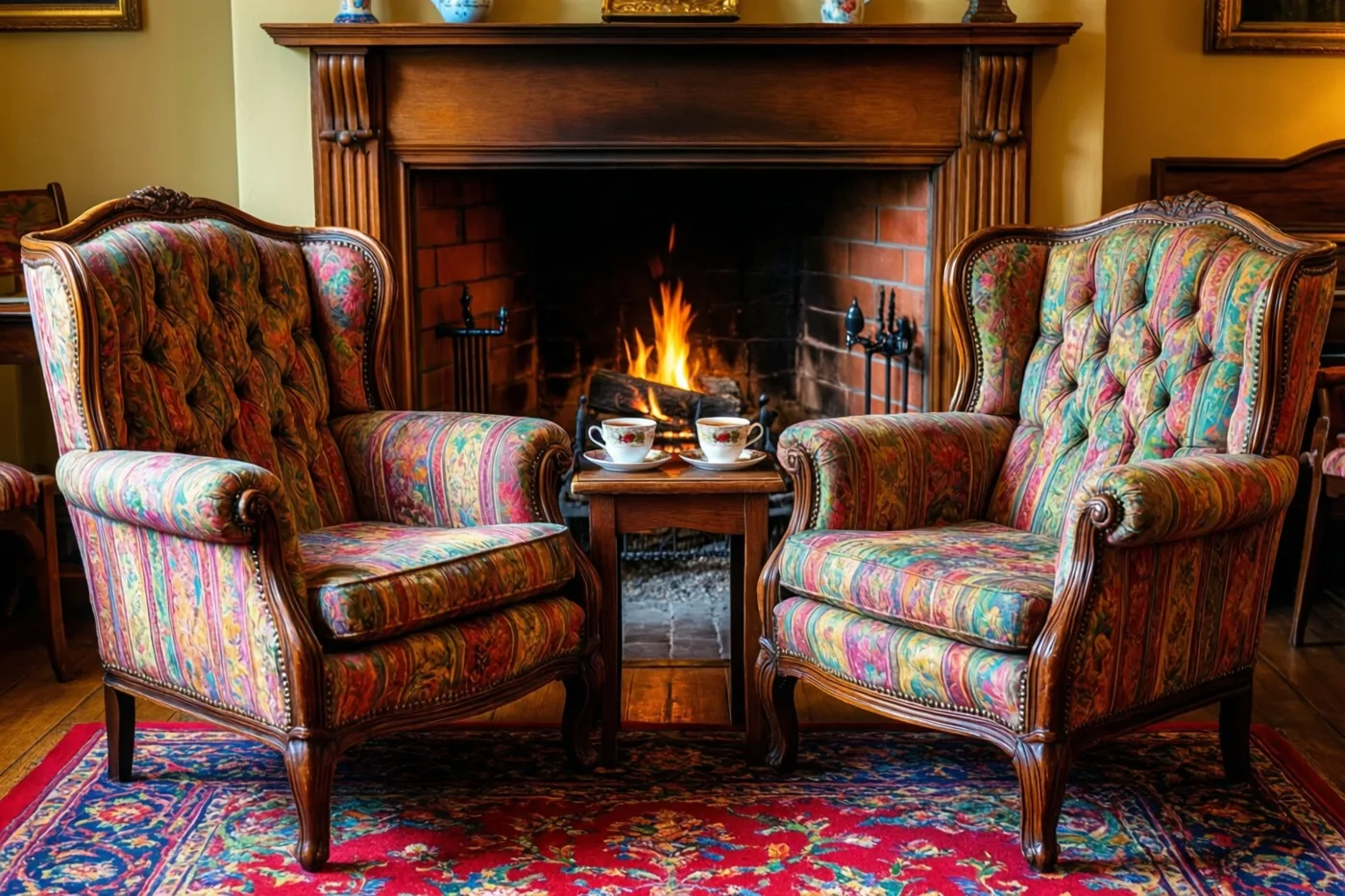 Twee sierlijke fauteuils met een patroon staan tegenover elkaar bij een tafeltje met twee theekopjes voor een brandende haard, in een warme kamer met een kleurrijk tapijt en houten schouw.