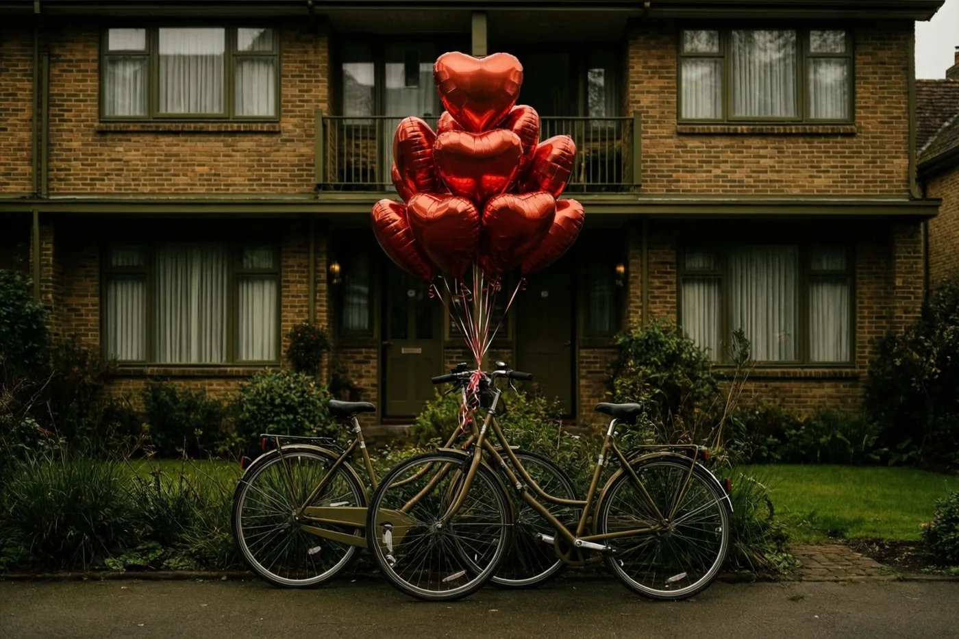 Twee fietsen staan naast elkaar op straat met glanzende rode hartvormige ballonnen aan hun sturen, voor een bakstenen rijhuis met twee bouwlagen, groene afwerking en gordijnen voor de ramen.