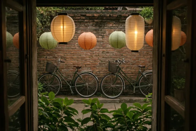 Door een open raam met een houten kozijn zijn twee fietsen tegen een bakstenen muur op een binnenplaats te zien, met warmgekleurde papieren lampionnen erboven en groen op de voorgrond bij schemering.