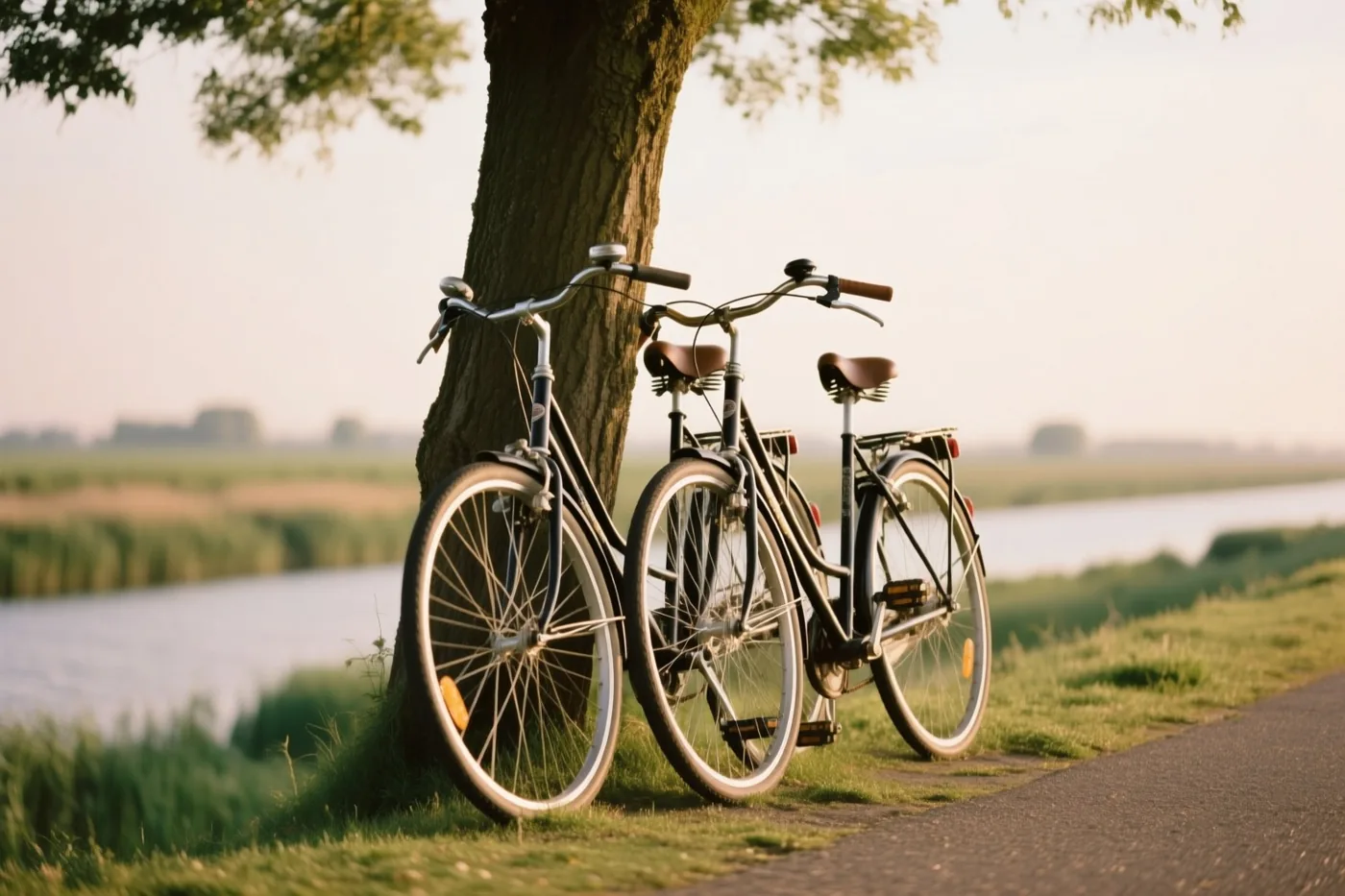 Twee fietsen leunen tegen een boomstam op een met gras begroeide dijk naast rustig water in zacht warm licht.