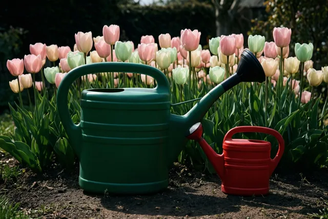 Een grote groene gieter en een kleine rode gieter staan naast elkaar op donkere aarde voor bloeiende roze en groene tulpen.