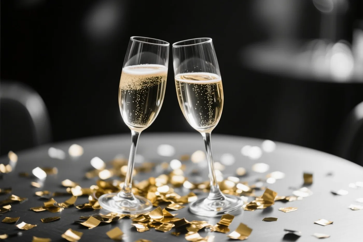 Twee champagneglazen met mousserende wijn staan naar elkaar toe gekanteld op een donkere tafel met gouden confetti voor een donkere onscherpe achtergrond.