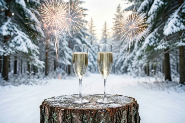 Twee champagneglazen met een bruisende drank staan op een licht besneeuwde boomstronk, met vuurwerk boven de besneeuwde dennen in het bos.