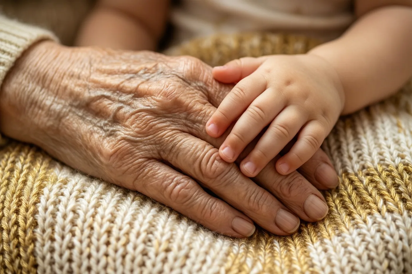 Een gerimpelde hand en een kleine kinderhand rusten samen op een handgebreide deken in zachte aardetinten.