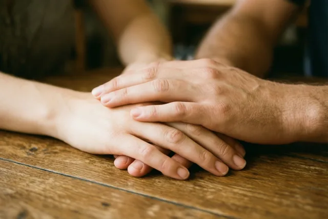 Een grotere en een kleinere hand rusten zacht op elkaar op een houten tafel, in warm en zacht licht.