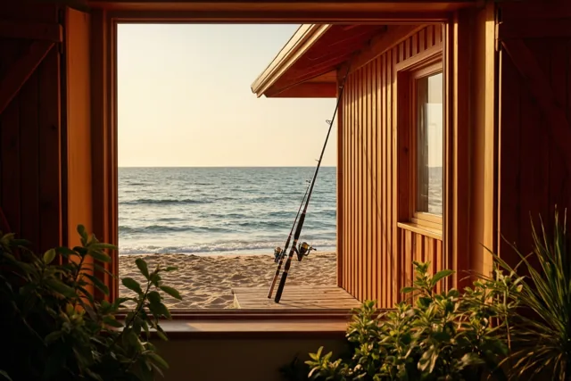 Vanuit een houten strandcabine zijn twee hengels te zien die op een houten terras tegen de wand leunen, met strand en zee daarachter in goudkleurig licht.