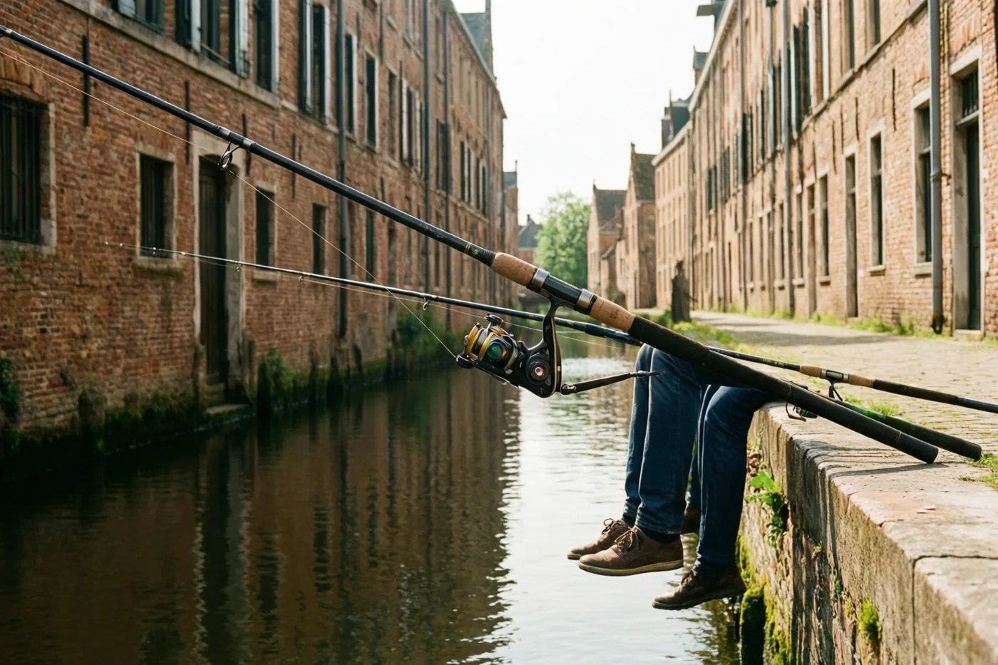 Een grote en een kleine hengel hangen boven een rustig kanaal tussen oude bakstenen gebouwen, met twee paar bungelende benen aan de stenen kade op de voorgrond.