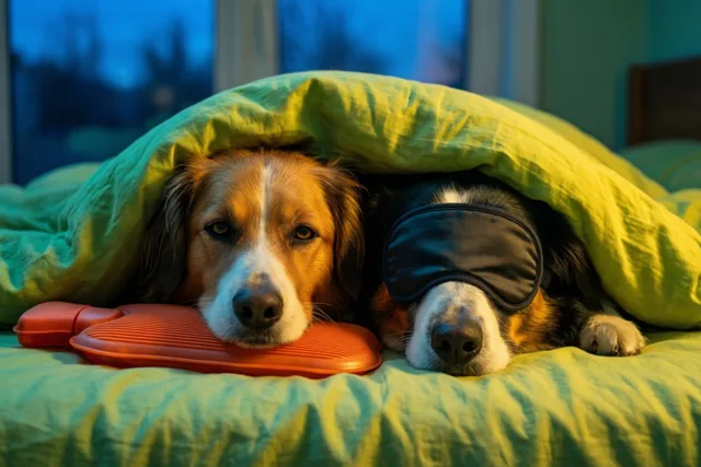 Twee honden liggen onder een groen dekbed, één met een warmwaterkruik en de andere met een slaapmasker, in een donkere kamer met een blauwe lucht achter het raam.