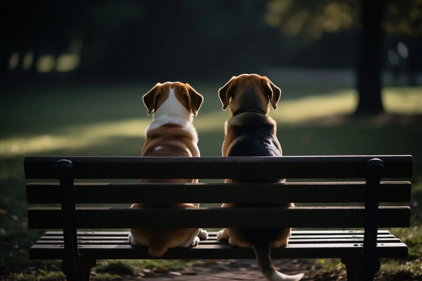 Twee honden zitten naast elkaar op een houten parkbank, van achteren gezien, met groen gras en bomen in een zonnig park.