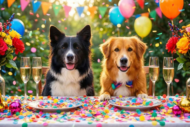 Een zwart-witte bordercollie en een golden retriever met een strikje zitten buiten aan een tafel met kleurrijke confetti en champagneglazen, tussen ballonnen en vlaggetjes.