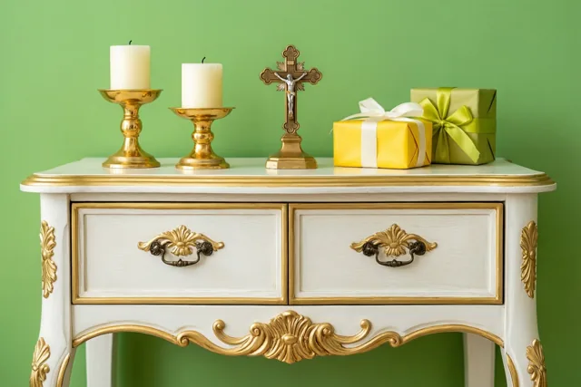 Een sierlijke witte en gouden kast met twee kaarsen, een crucifix en ingepakte cadeaus staat tegen een groene achtergrond.