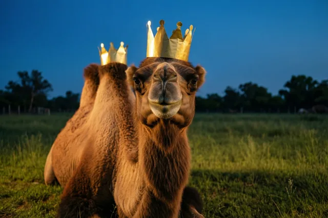 Twee kamelen zitten bij schemering in een grasweide met elk een goudkleurige papieren kroon op hun bult, in warm licht onder een diepblauwe hemel.