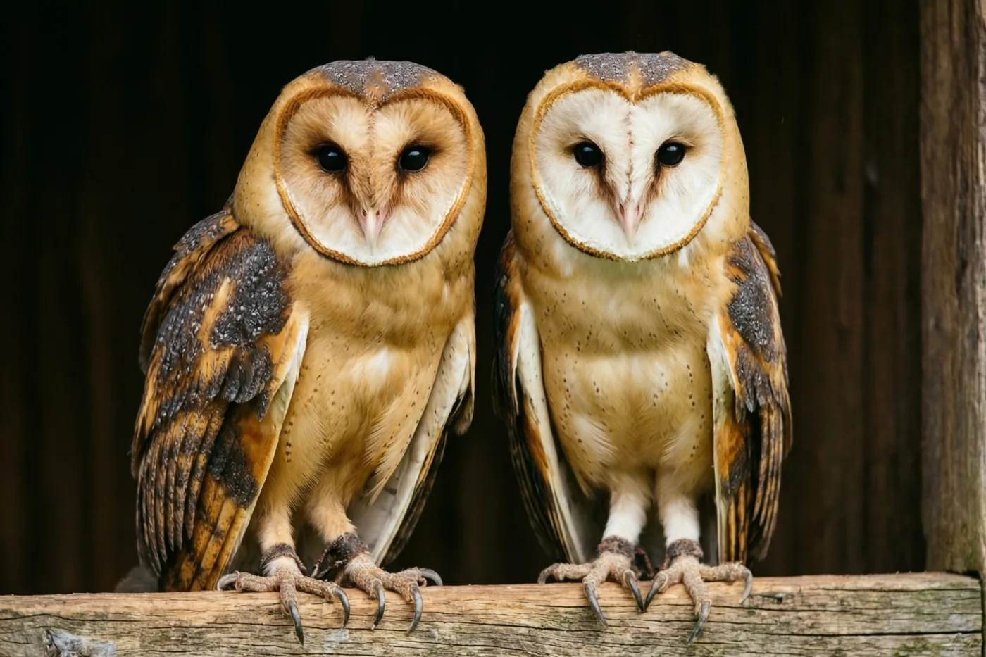 Twee kerkuilen met hartvormige gezichten zitten naast elkaar op een verweerde houten balk tegen een donkere houten achtergrond.