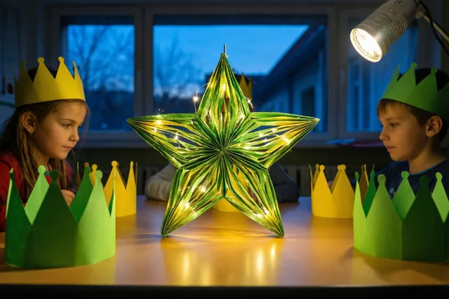 Twee kinderen met papieren kronen zitten aan een tafel en kijken naar een grote glinsterende groene papieren ster met lichtjes, bij een raam in de schemering en een brandende bureaulamp.