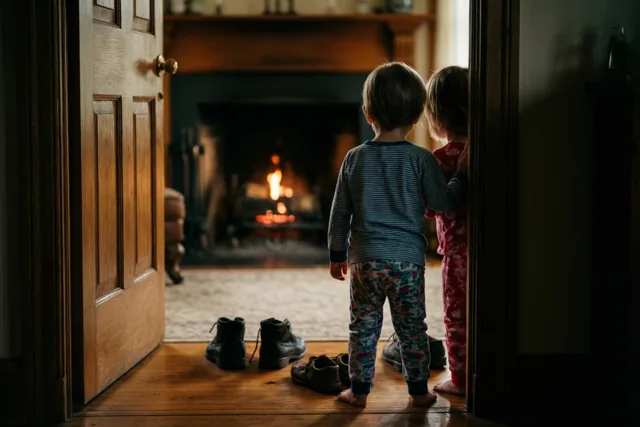 Twee kleine kinderen in pyjama staan op blote voeten in een deuropening en kijken naar een warm verlichte kamer met een haard, met een paar schoenen op de drempel.