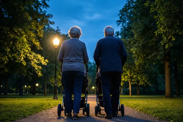 Een ouder koppel duwt elk een kinderwagen over een verhard parkpad bij schemering, onder het warme licht van een straatlamp.