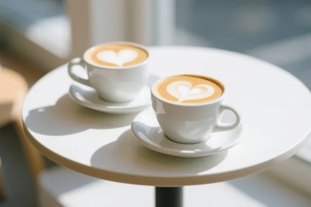 Twee witte koffiekopjes met hartjes in het melkschuim staan op bijpassende schoteltjes op een klein rond wit tafeltje in zacht daglicht.
