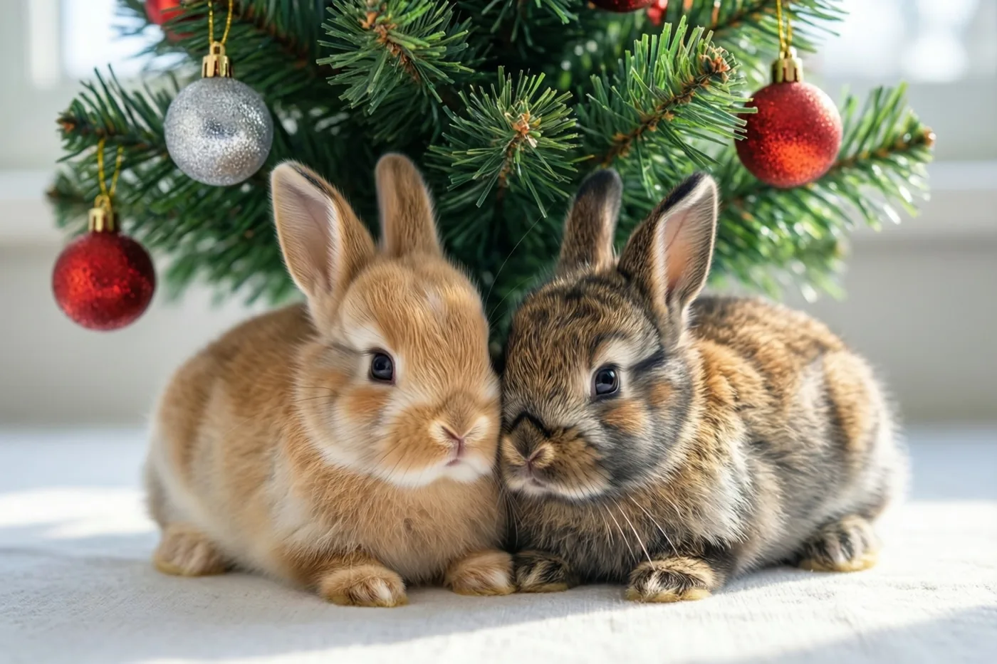 Twee jonge konijntjes liggen dicht tegen elkaar op een witte ondergrond onder een kleine kerstboom met rode en zilveren versiering.