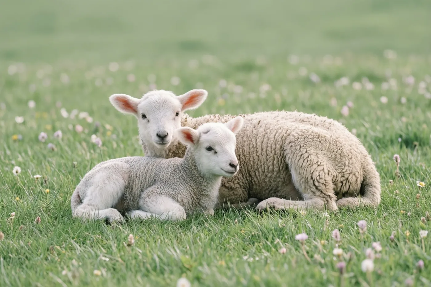 Twee lammeren, een kleiner en een groter, liggen samen in een grasveld met kleine bloemen in zachte groene en witte tinten.