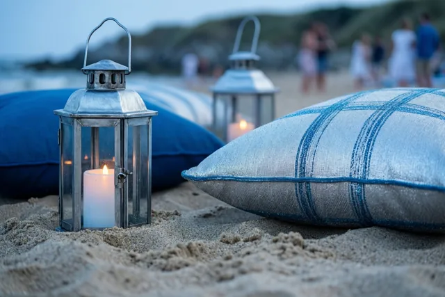 Twee metalen lantaarns met brandende kaarsen staan naast kussens met een patroon in het zand op een strand bij schemering, in blauwe en zilveren tinten.