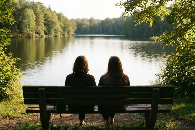 Twee mensen zitten met hun rug naar de camera op een houten bank en kijken uit over een rustig meer met bomen eromheen, in warm daglicht.