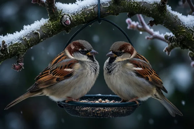 Twee mussen zitten op een zwarte voederhouder van gaas vol zaden die aan een besneeuwde boomtak hangt, terwijl sneeuw valt tegen een wazige achtergrond.