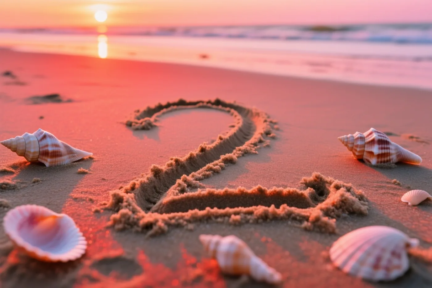 Het cijfer 2 staat in het strandzand tussen schelpen, onder de warme roze en oranje tinten van een zonsondergang.