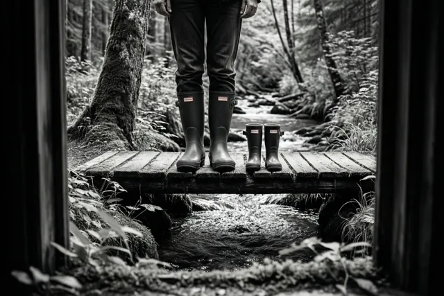 Benen met grote en kleine regenlaarzen staan op een houten brug over een bosbeek, met donkere verticale randen aan weerszijden van het beeld.