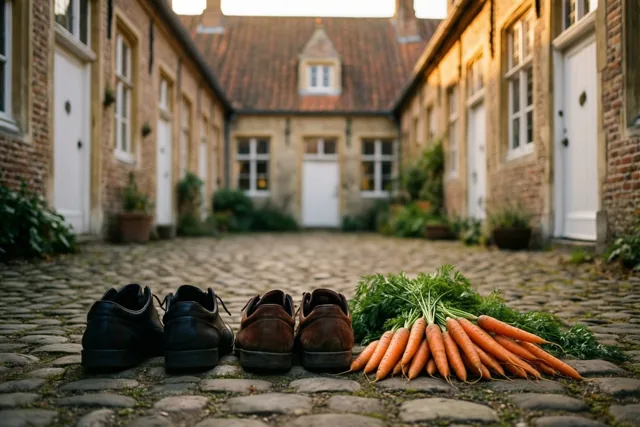 Twee paar schoenen en een bundel wortels staan op een gekasseide binnenplaats met bakstenen gebouwen en witgekalkte deuren in goudkleurig avondlicht.