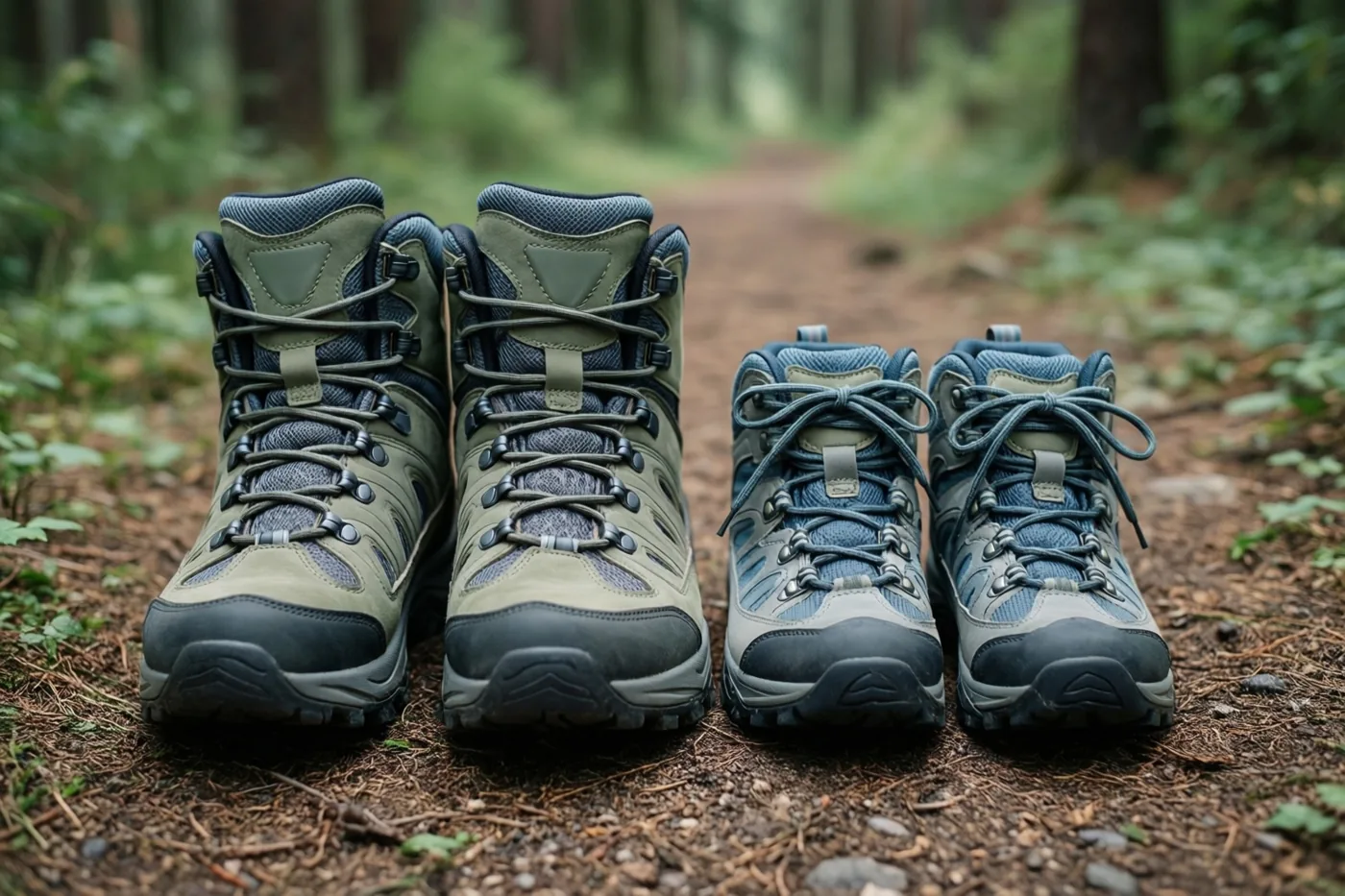 Twee paar wandelschoenen, een groot en een klein paar, staan naast elkaar op een onverhard pad in een groen bos.