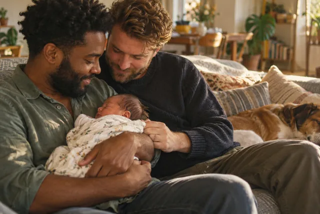 Twee papa’s, een zwarte man en een witte man, zitten op een zetel en houden samen hun pasgeboren baby vast terwijl ze naar het kindje kijken.