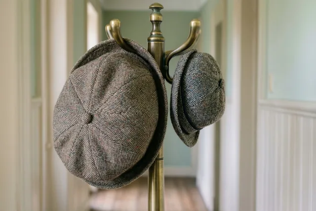 Een grote en een kleine tweedpet hangen naast elkaar aan een messing kapstokhaak in een hal met wandpanelen in warme beige en bruine tinten.