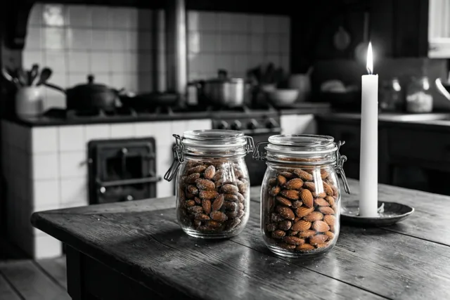 Twee glazen potten met suikeramandelen staan naast een brandende witte kaars op een donkere houten tafel, met een betegelde kachel in een landelijke keuken op de achtergrond.
