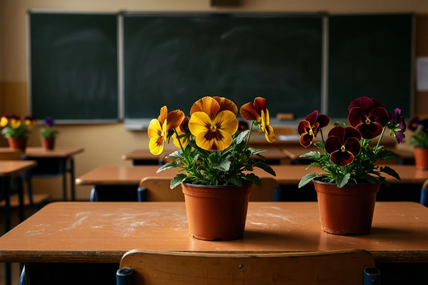 Twee potten met viooltjes staan op een houten schoolbank voor een groot schoolbord, in warme oranje, gele en groene tinten.