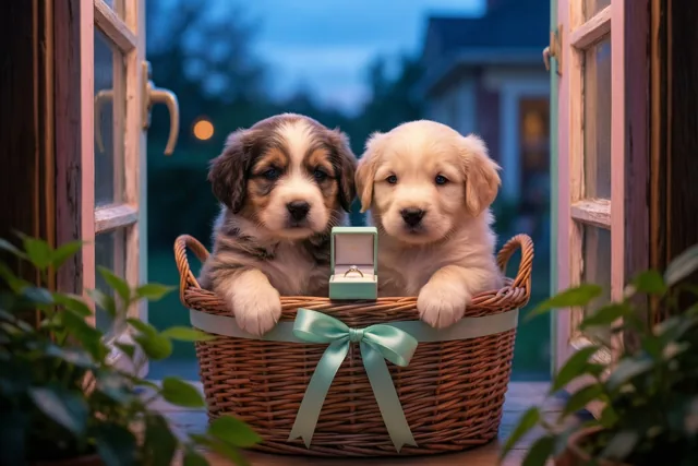Twee puppy's zitten in een rieten mand met een lichtgroen lint op een vensterbank in blauwe en groene schemertinten.