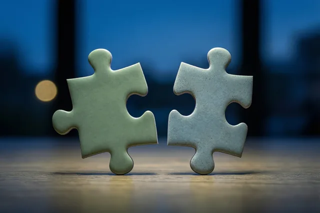 Twee puzzelstukjes staan rechtop tegenover elkaar op een houten tafel, met een onscherpe blauwe achtergrond en een warme lichtvlek.
