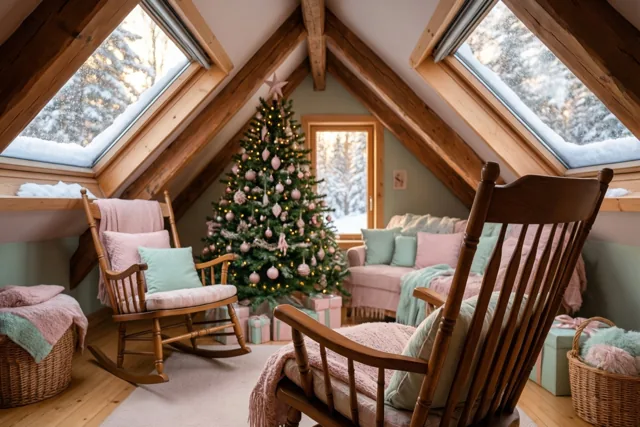 Een warm verlichte zolderkamer in zachte pastelkleuren heeft schuine houten balken, een versierde kerstboom, twee schommelstoelen en sneeuw op de dakramen.