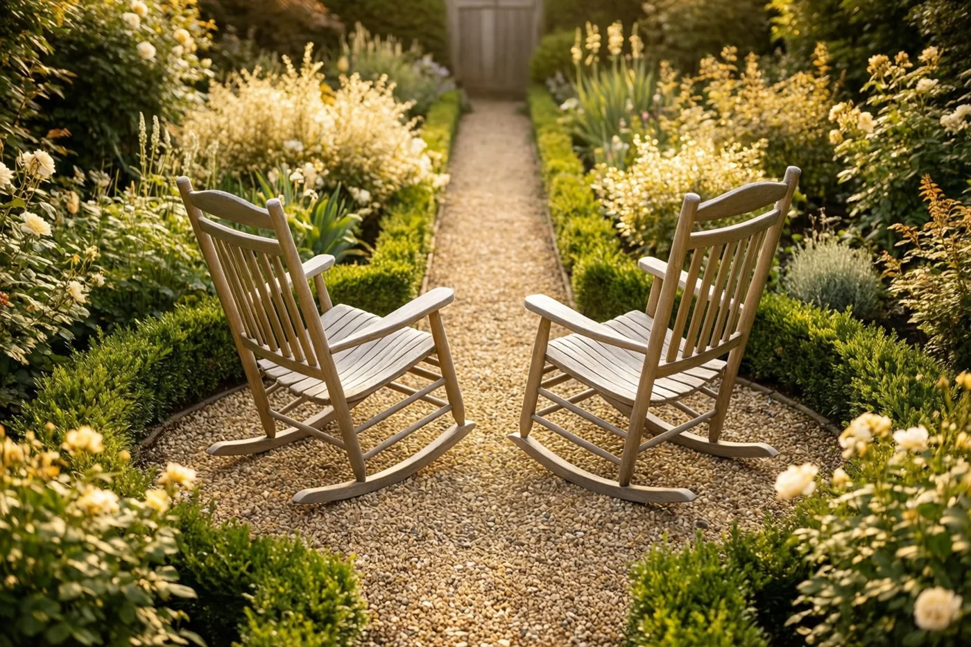Twee houten schommelstoelen staan op een grindpad in een weelderige verzorgde tuin met groene struiken en bloeiende bloemen, in warm gouden zonlicht.