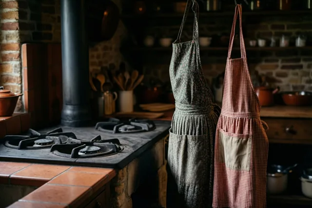 Een gebloemde en een geruite schort hangen naast elkaar in een rustieke Vlaamse hoevekeuken met een tegelkachel en warm licht in aardetinten.