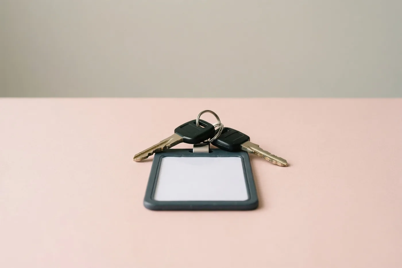 Twee sleutels met zwarte koppen zitten aan een blanco rechthoekige toegangsbadge met donkergrijze rand op een lichtroze oppervlak voor een grijze muur.