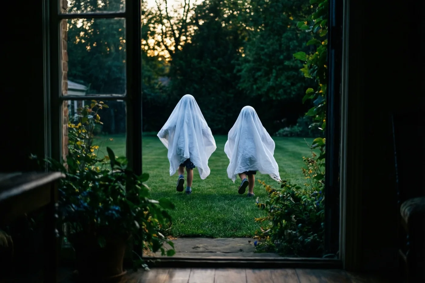 Vanuit een open deuropening zijn twee kinderen onder witte spooklakens van achteren te zien terwijl ze over een groen gazon rennen in warm avondlicht.